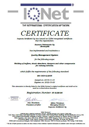 cover of the ISO 3834-2:2005 certificate