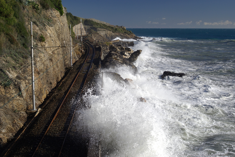 wet rail track at the coast