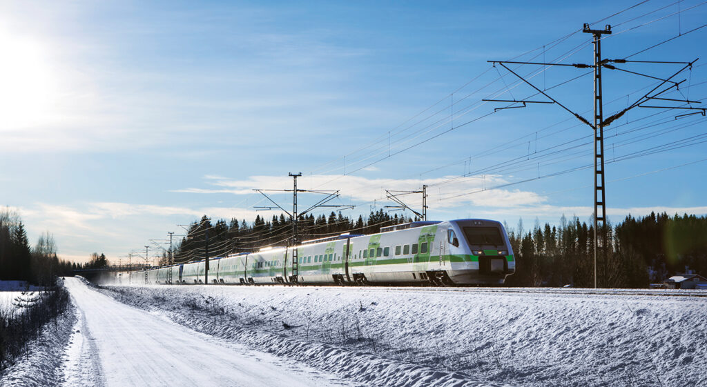 pendolino train in snowy winter conditions