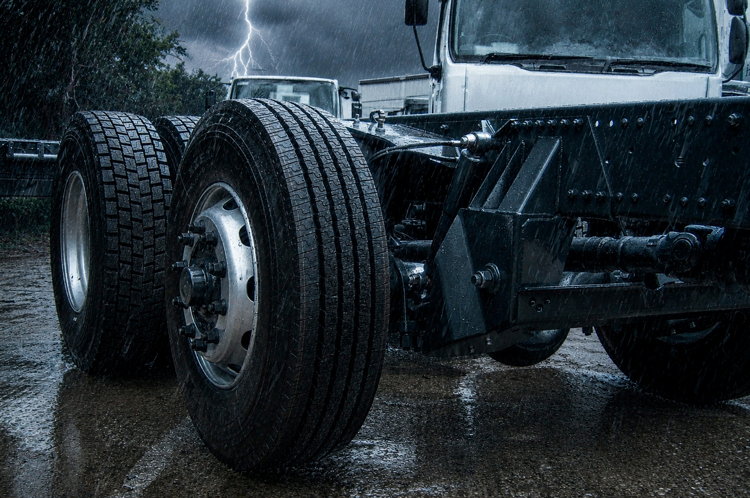 Heavy-duty suspension with grey tones and lightning in the background